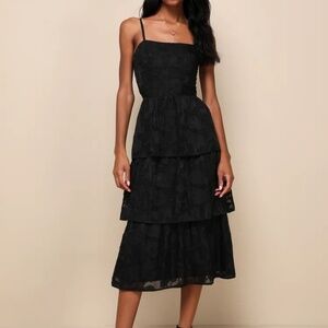 Lulu’s Grace and Beauty Black Burnout Floral Print Tiered Dress Wedding Guest